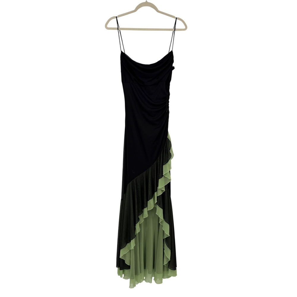 City Triangles Y2K Black Green Mesh Ruffle Maxi Dress M Cowl Neck Fairy Goth